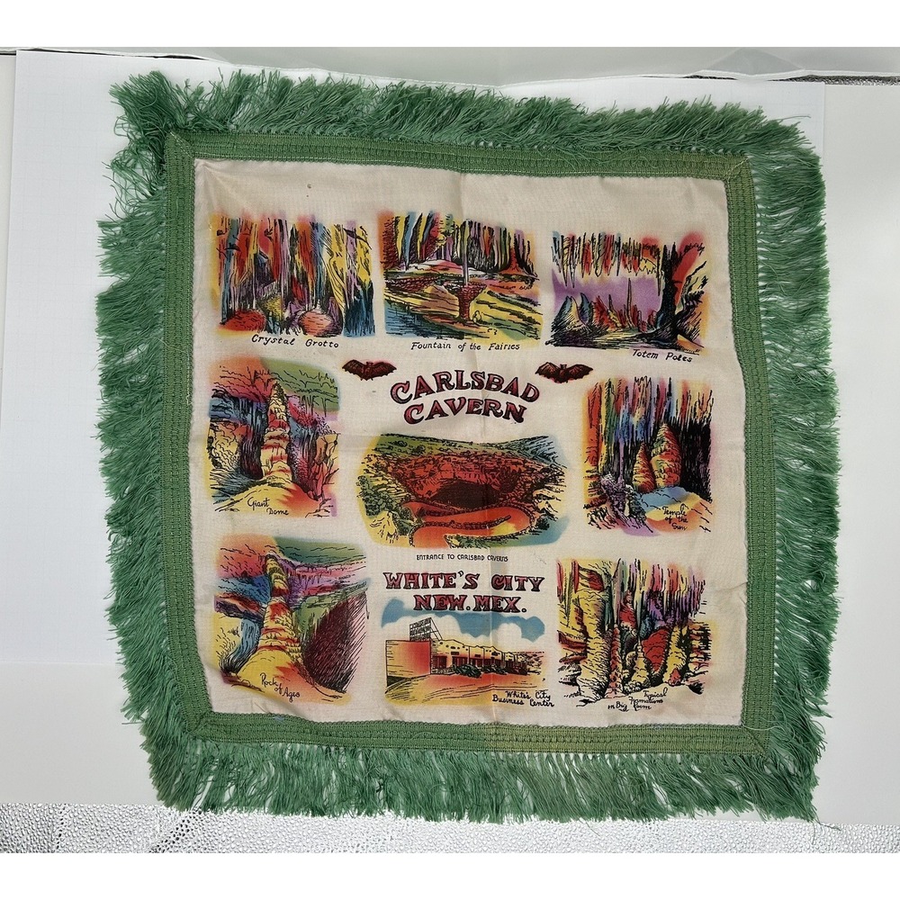Souvenir Satin Fringed Pillow Cover 1950's, Carlsbad Cavern National Park, N.M.